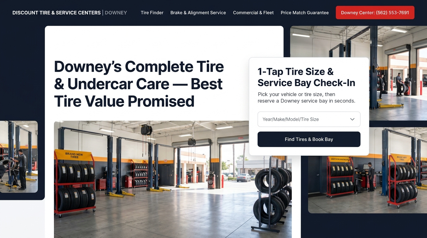 Brandcore concept for a Downey store page with 1-tap tire size and service bay check-in